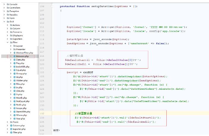 laravel-admin 后台表格筛选设置默认的查询日期方法