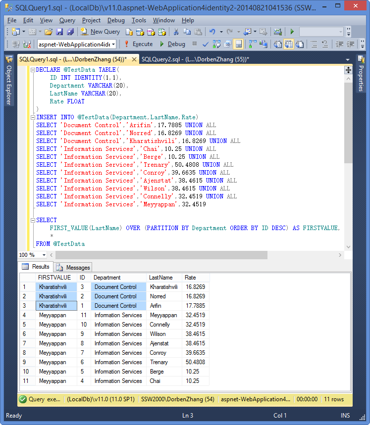 SqlServer2012中First_Value函数简单分析