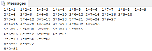 sql语句实现四种九九乘法表